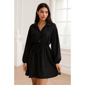 Oversized Sm Collared Button Front Long Sleeve Chic Mini Shirt Dress Black